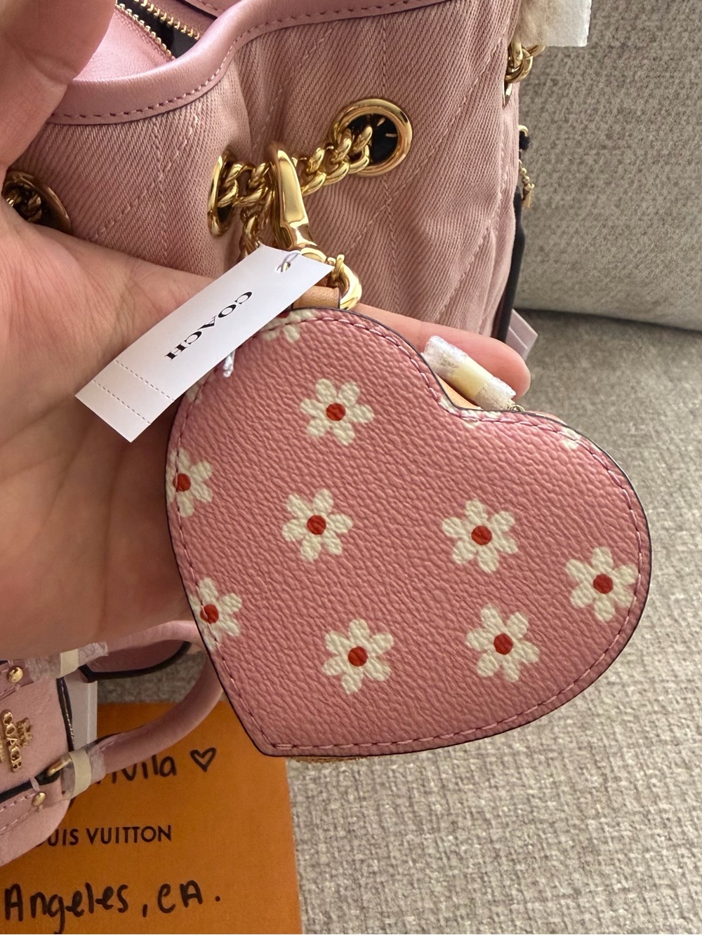 Coach Pink Floral Heart Charm Keychain with Gold Hardware